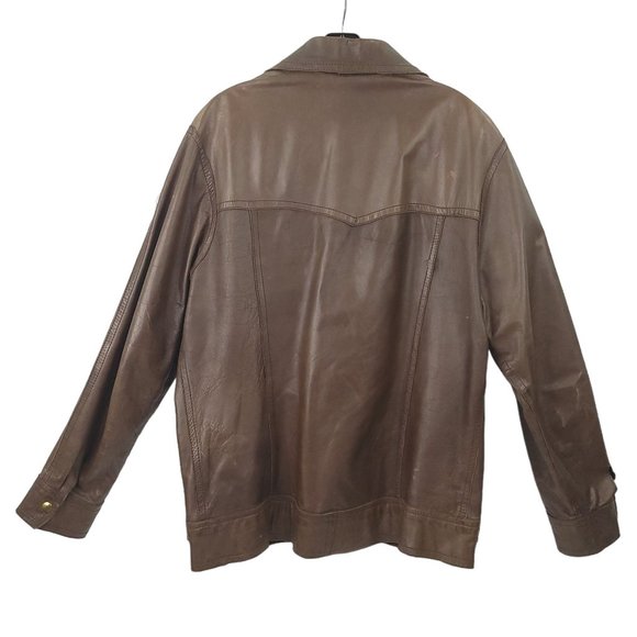 Vintage Brown Leather Snap Front Jacket Men L Made in England Flap Slash Pockets - Picture 2 of 16